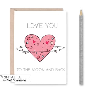 Je t'aime sur la lune et le dos carte coeur imprimable, carte d'anniversaire, carte Je t'aime, carte de Saint-Valentin pour enfants, téléchargement immédiat