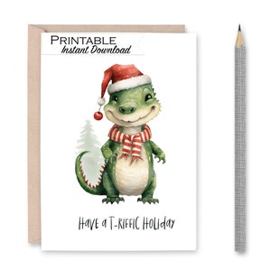 Tarjeta navideña imprimible con T-Rex, tarjeta navideña con el dinosaurio Tree Rex, tarjeta con gorro de Papá Noel y dinosaurio Rex the Halls