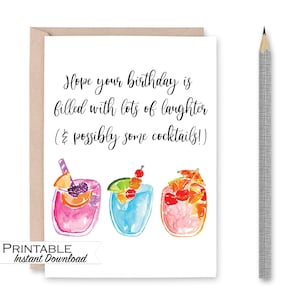 Cocktailverjaardagskaart, happy hour verjaardag, verjaardagswensen afdrukbare kaart, aquarel cocktail printkaart, digitale downloadkaart