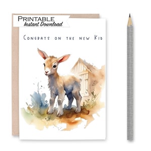 Goat Baby Herzlichen Glückwunsch druckbare Karte, Herzlichen Glückwunsch zum neuen Kind Lustige Baby Karte, Baby Ziege Aquarell Glückwunschkarte, neue Baby Karte
