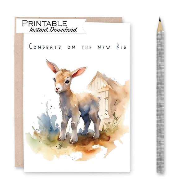 Goat Baby Congratulations Printable Card, Congrats on the New Kid Funny Baby Card, Baby Goat Watercolor Congratulations Card, New Baby Card