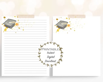 Graduation Cap Watercolor Printable Stationery - Unlined & Lined Stationery Set