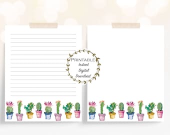 Succulents Stationery Set, Plants in Pots, Unlined and Lined Watercolor Stationery, Cactus Stationery, Instant Download Printable Stationery