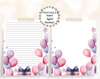 Zestaw papeterii urodzinowej, różowe i fioletowe balony urodzinowe, papeteria urodzinowa do druku, papeteria do druku, papier do pisania z podziękowaniami
