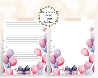 Birthday Stationery Set, Pink & Purple Birthday Balloons Stationery, Printable Birthday Paper, Printable Stationery, Thank You Writing Paper