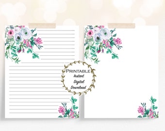 Floral Pink and Green Watercolor Stationery Set, Flower Stationery, Botanical Wedding Stationery, Stationery Printable, Instant Download