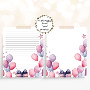 Geburtstags-Briefpapier-Set, rosa und lila Geburtstags-Briefpapier, druckbares Geburtstagspapier, druckbares Briefpapier, danke Briefpapier