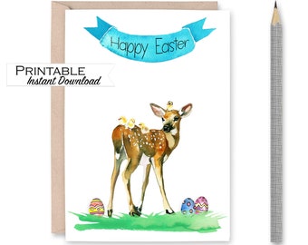 Happy Easter Egg Card Printable, Cute Deer and Baby Chicks Easter Cards Instant Download, Watercolor Easter Greeting Card, Spring Watercolor