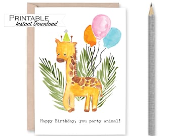 Giraffe Birthday Card, Happy Birthday Printable, Party Animal, Safari Theme Jungle Party, Giraffe Watercolor, Kids Birthday Balloons