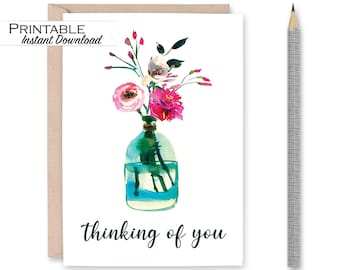 Floral Thinking of you Card, Peony Card, Sympathy Card, Condolence Card, Empathy Card, Sorry for your Loss, Instant Download Printable Card