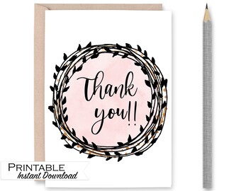 Thank you Card, Bridesmaid Thank you Card, Baby Shower Thank you Card, Pink and Black Printable Card, Instant Download Greeting Card