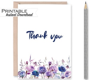 Botanical Thank you Card, Bridesmaid Thank you, Baby Shower Thank you, Purple Floral Card, Simple Thanks, Instant Download Printable Card