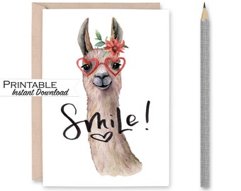 Smile Greeting Card, Smiling Llama Card, Encouragement Card, Miss you Card, Alpaca Card, Spirit Animal, Instant Download Printable Card