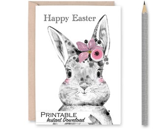 Easter Bunny Card, Easter Printables with Elderberry and Pink Flowers - Digital Download