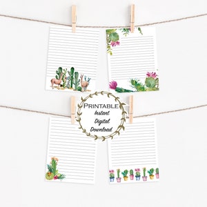 Papelería linda con suculentas, juego de papelería con y sin líneas, papelería imprimible con cactus, plantas en macetas, suculentas en acuarela, escritura de cartas