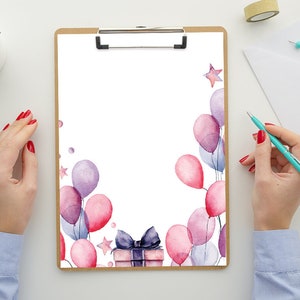 Birthday Stationery Set, Pink & Purple Birthday Balloons Stationery, Printable Birthday Paper, Printable Stationery, Thank You Writing Paper image 3