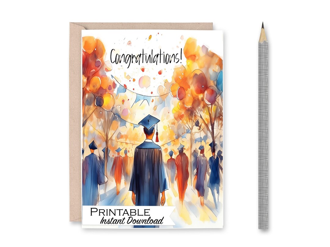 Congratulations Graduation Printable Card for Him, Balloons and Festive ...