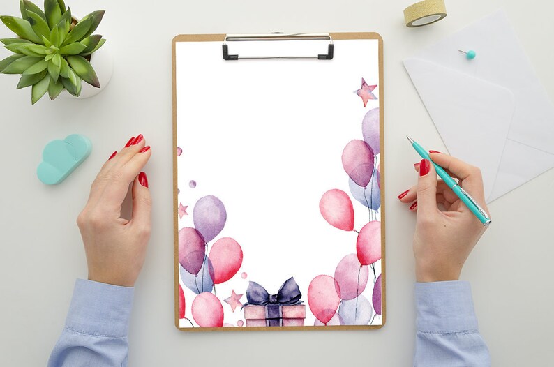 Birthday Stationery Set, Pink & Purple Birthday Balloons Stationery, Printable Birthday Paper, Printable Stationery, Thank You Writing Paper image 3