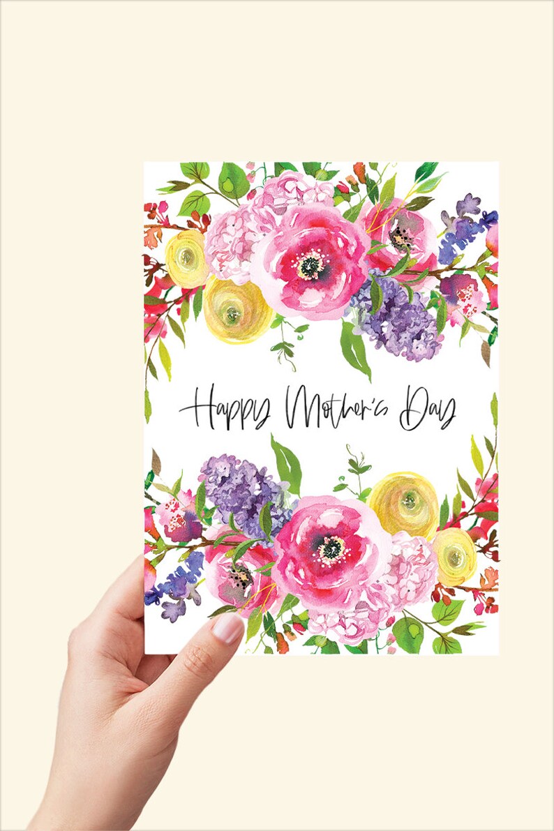 Watercolor Floral Mothers Day Card Printable, Spring Bouquet Card for ...