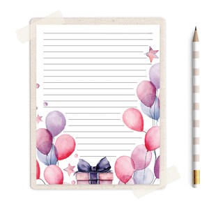 Birthday Stationery Set, Pink & Purple Birthday Balloons Stationery, Printable Birthday Paper, Printable Stationery, Thank You Writing Paper image 2