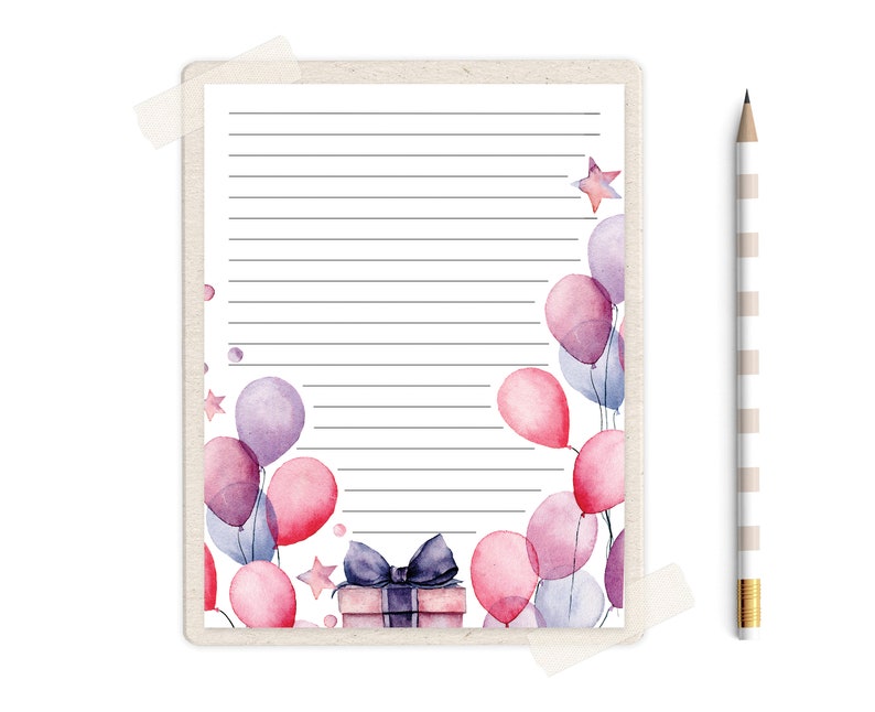 Birthday Stationery Set, Pink & Purple Birthday Balloons Stationery, Printable Birthday Paper, Printable Stationery, Thank You Writing Paper image 2