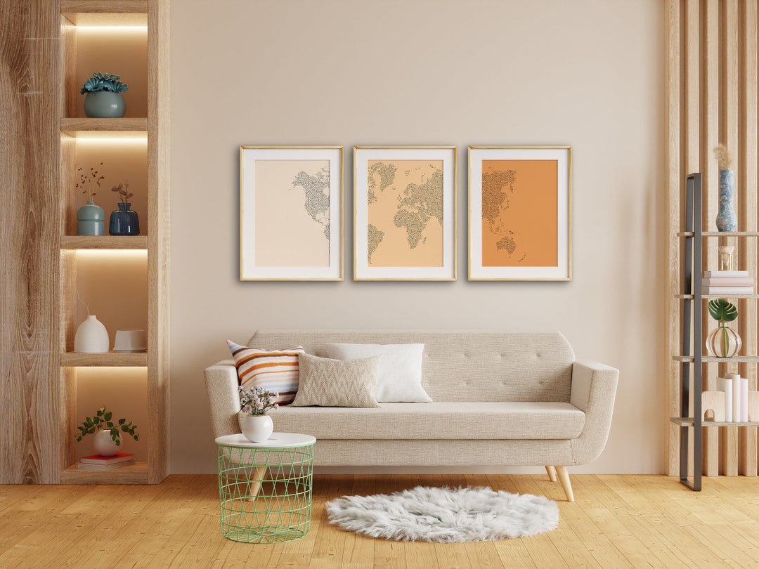 World Map Triptych Wall Art Printable, Minimalist Wall Art, Cartography