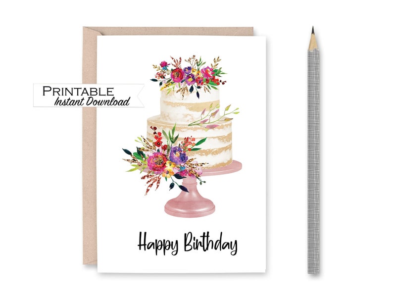 Floral Happy Birthday Card Printable, Birthday Cake Card, Mom Birthday ...