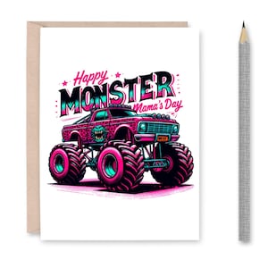 Monstertruck Muttertagskarte zum ausdrucken - Happy Monster Mamas Day, Karte für Boy Mom, Pink Leopard Print Digitaler Download PDF