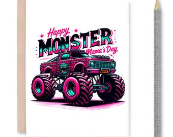 Monster Truck Mothers Day Card Printable - Happy Monster Mamas Day, Card for Boy Mom, Pink Leopard Print Digital Download PDF