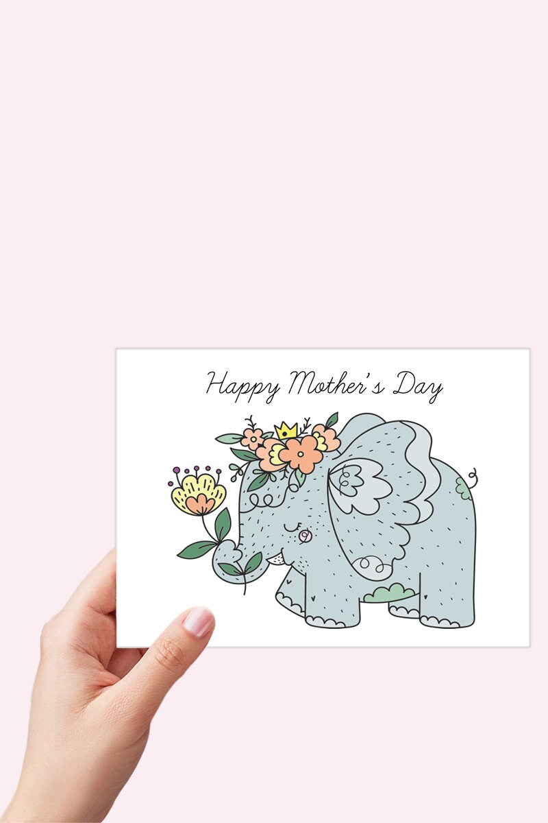 Elephant Mothers Day Card Printable, Flower Crown Elephant Card ...