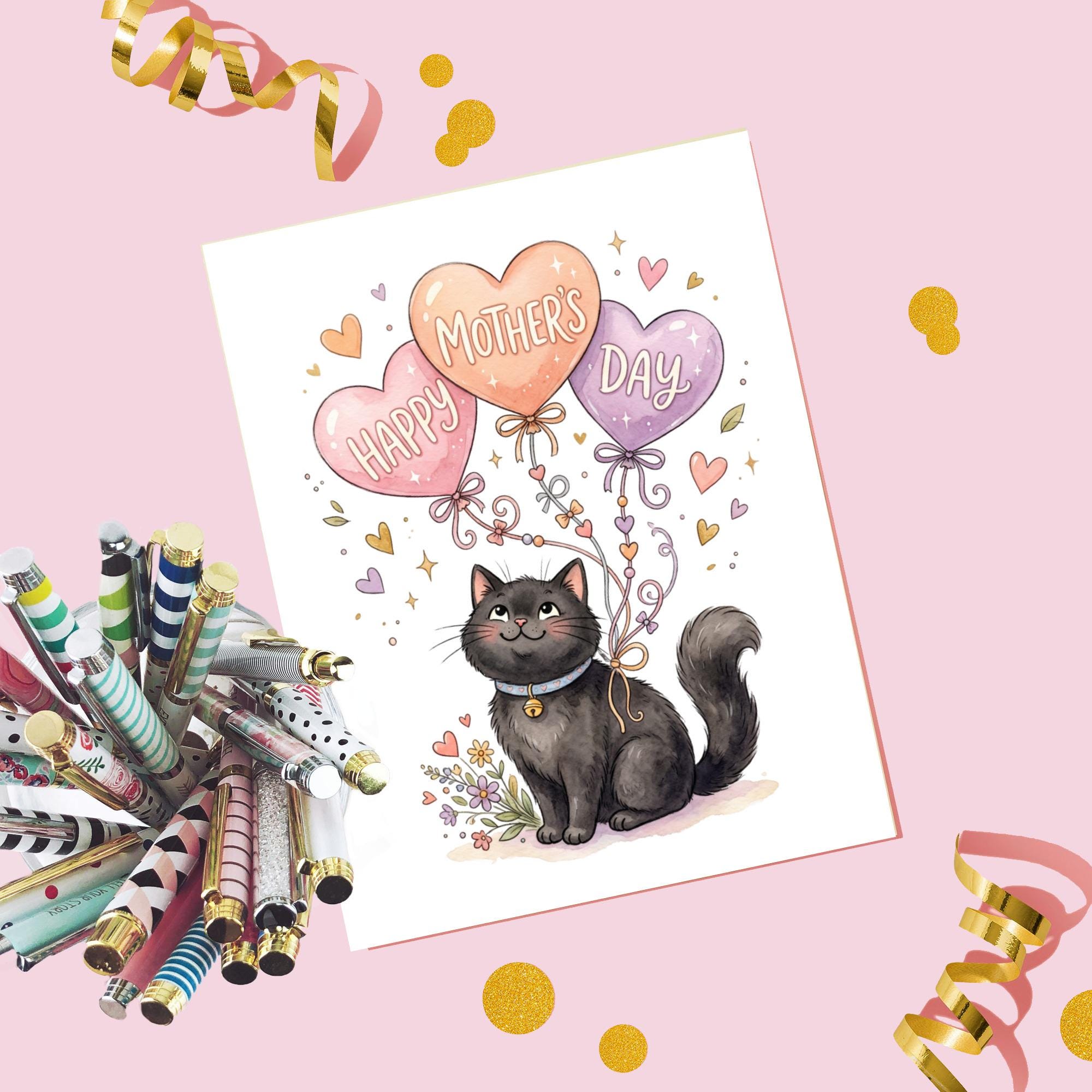 Black Cat Mother's Day Card Printable, Boho Cat Lover Gift Digital ...