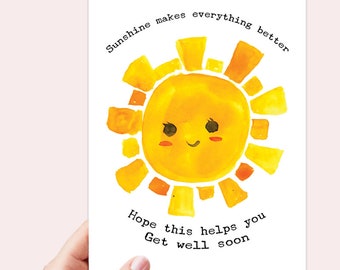 Sunshine Get Well Soon Card, Get Well Card, Feel Better, Sending you Sunshine, Watercolor Encouragement Card, Printable Card