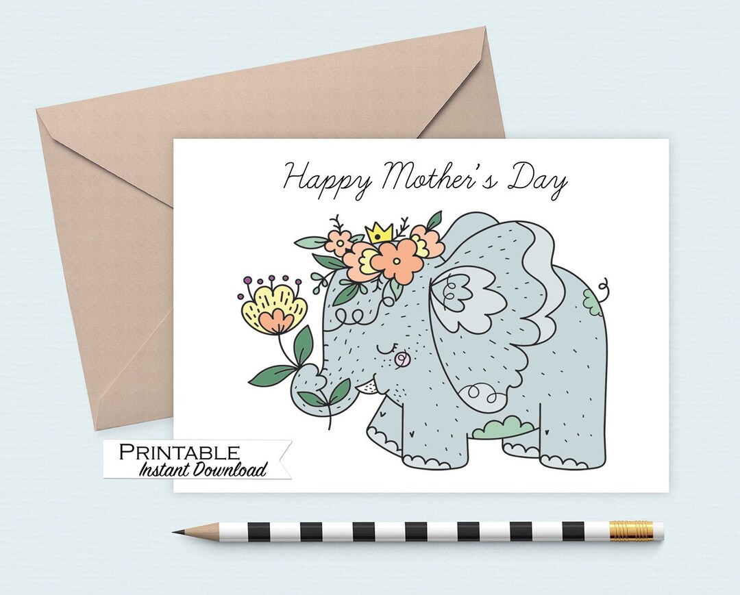 Elephant Mothers Day Card Printable, Flower Crown Elephant Card