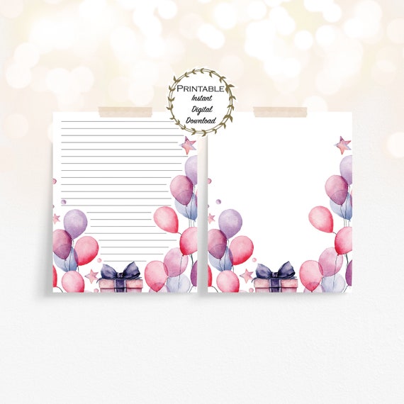 Birthday Stationery Set, Pink & Purple Birthday Balloons Stationery, Printable Birthday Paper, Printable Stationery, Thank You Writing Paper