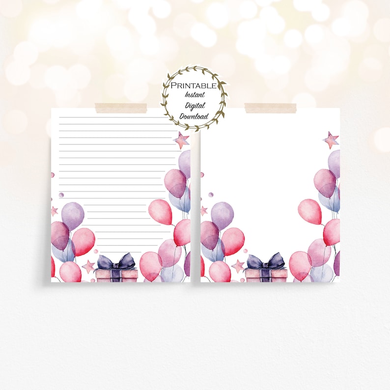 Birthday Stationery Set, Pink & Purple Birthday Balloons Stationery, Printable Birthday Paper, Printable Stationery, Thank You Writing Paper image 1