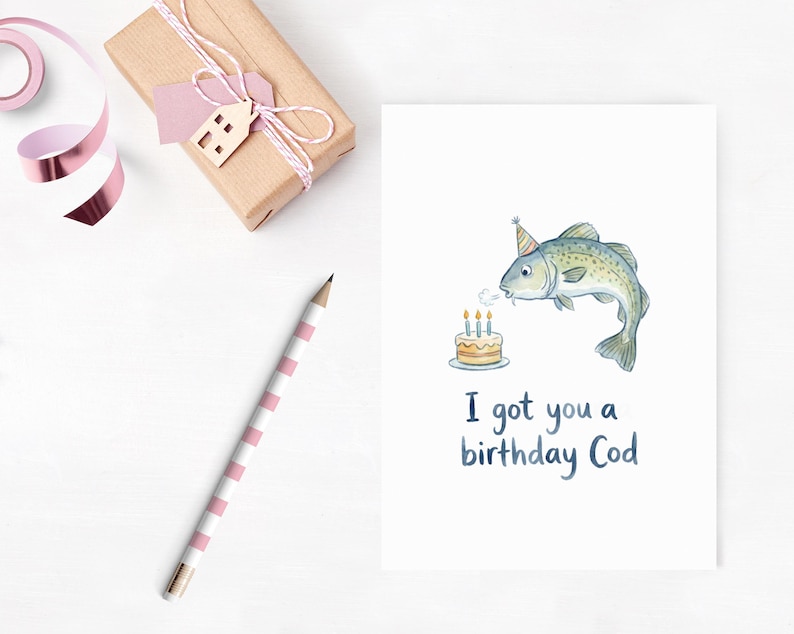 Funny Fishing Printable Birthday Card, Fish Pun Watercolor Card, I Got ...