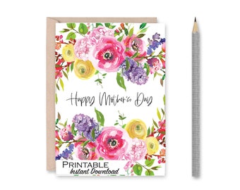 Watercolor Floral Mothers Day Card Printable, Spring Bouquet Card for Mom Instant Download