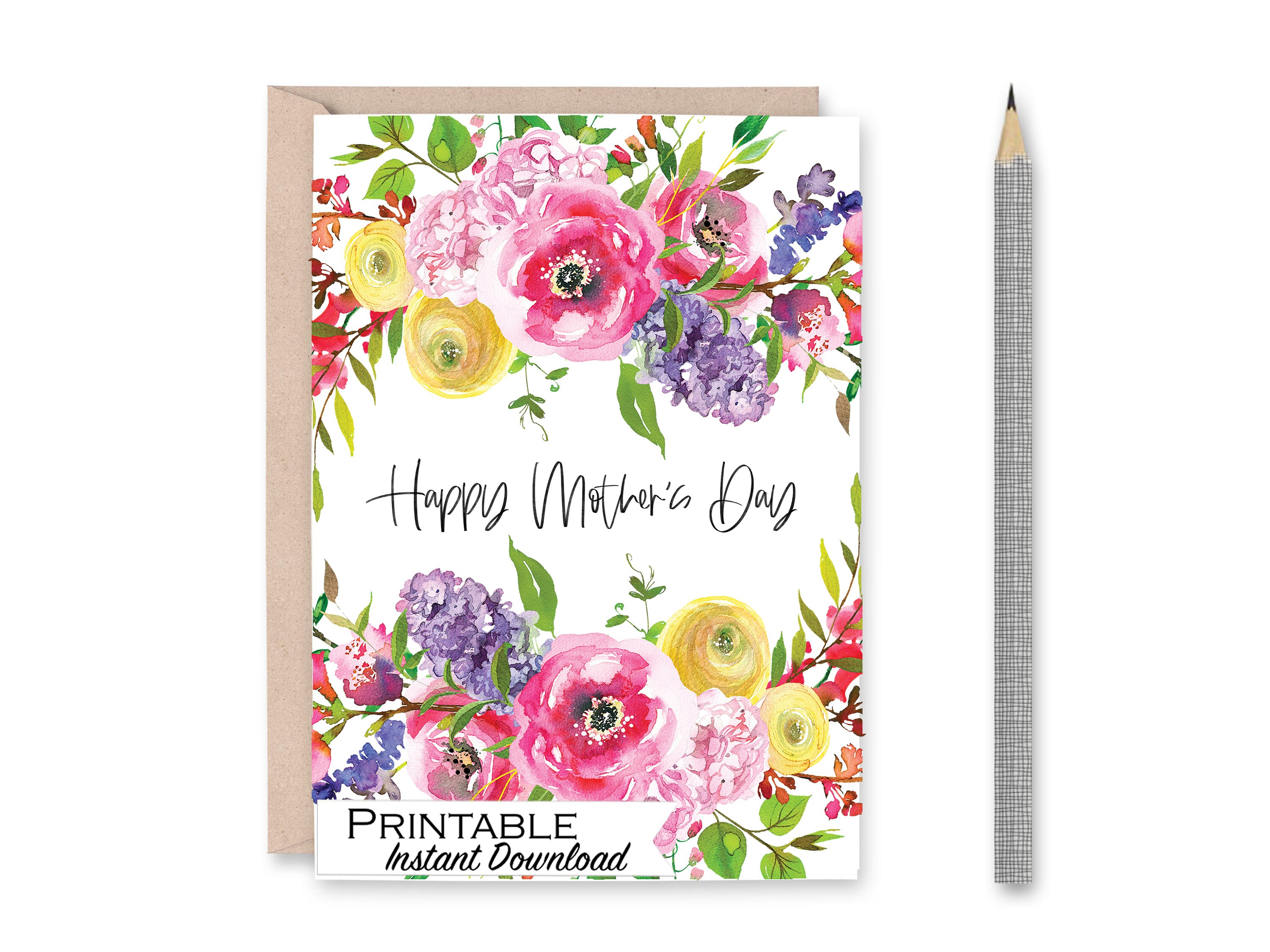 Watercolor Floral Mothers Day Card Printable, Spring Bouquet Card for ...