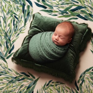 May include: A newborn baby is swaddled in a green fabric and sleeping on a green velvet pillow with a fringe trim. The baby is lying on a white background with a green leafy pattern.