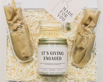 Personalized Engagement Gift Box for Her, IT'S GIVING ENGAGED Candle and Keepsake Champagne Flutes or Shot Glass Gift for Couple with Names