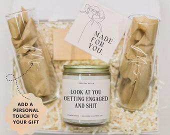 Personalized Engagement Gift Box for Her, Candle and Champagne Flutes or Shot Glass Gift for Couple, Custom Future Mrs Bridal Shower Gift