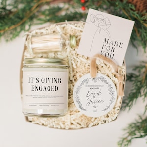 Engagement Ornament Gift Box for Couple, "IT'S GIVING ENGAGED" Engagement Candle, Personalized Christmas Ornament Keepsake with Names