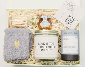 Personalized Engagement Gift Box for Her, Candle and Champagne Flutes or Shot Glass Gift for Couple, Custom Future Mrs Bridal Shower Gift
