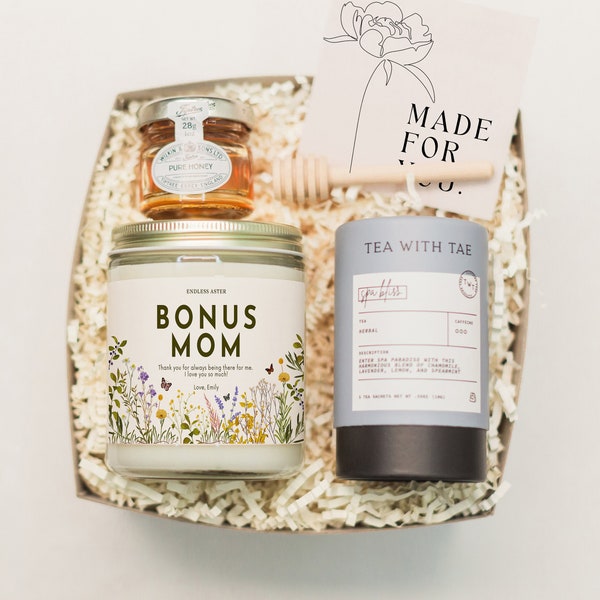 Coffret cadeau spa bougie BONUS MOM pour belle-mère, bougie personnalisée pour la fête des mères pour belle-mère, coffret cadeau d'anniversaire personnalisé pour deuxième maman