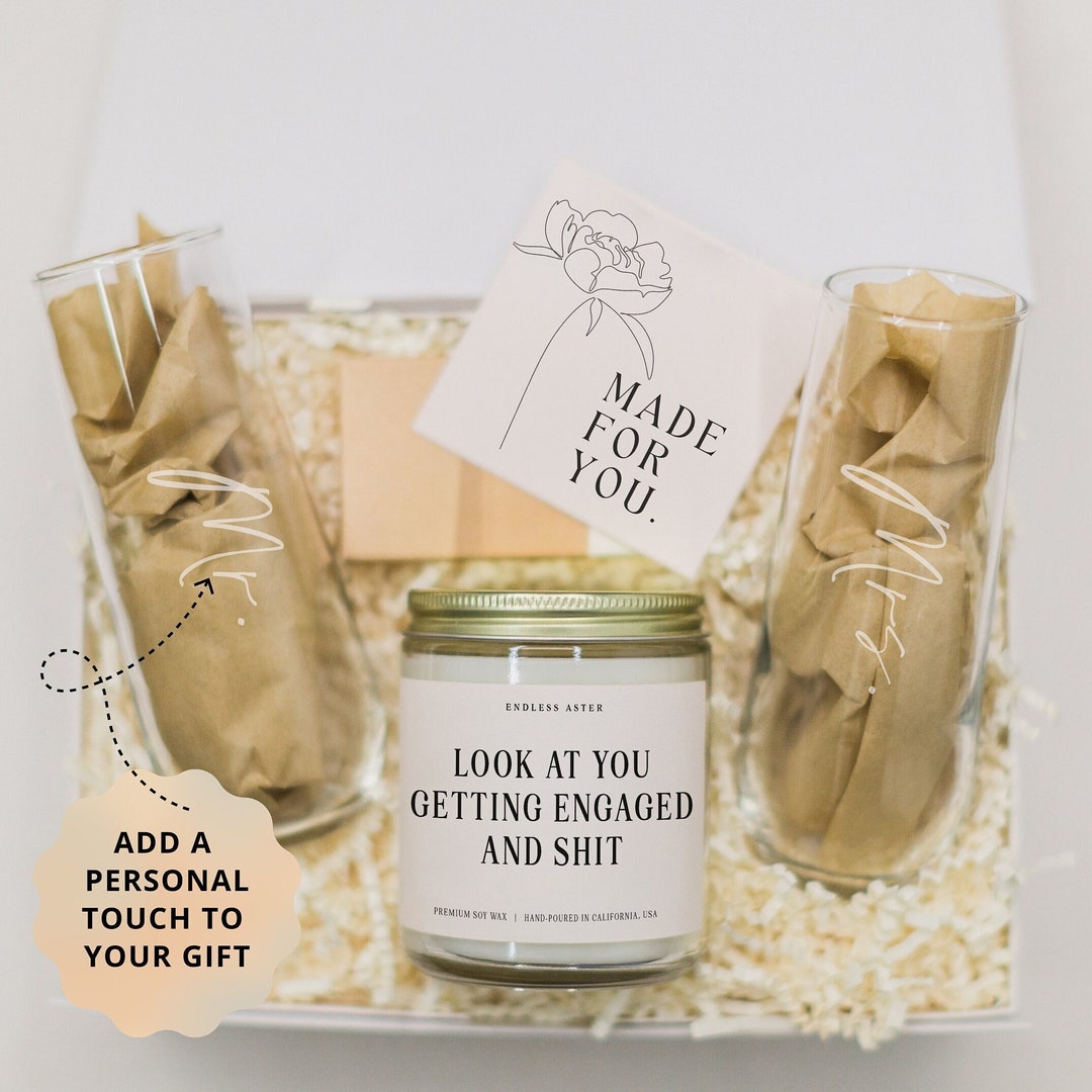 Personalized Engagement Gift Box for Her, Candle and Champagne Flutes