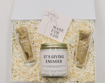 Personalized Engagement Gift Box for Her, IT'S GIVING ENGAGED Candle and Keepsake Champagne Flutes or Shot Glass Gift for Couple with Names
