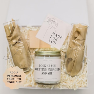 Personalized Engagement Gift Box for Her, Candle and Champagne Flutes or Shot Glass Gift for Couple, Custom Future Mrs Bridal Shower Gift
