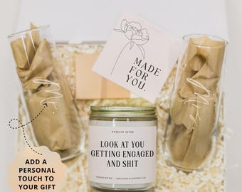 Personalized Engagement Gift Box for Her, Candle and Champagne Flutes or Shot Glass Gift for Couple, Custom Future Mrs Bridal Shower Gift