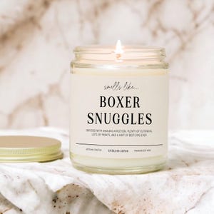 Smells Like BOXER Snuggles Funny Candle Gift Box for Dog Owner, New Pet Parent Gift, Boxer Dog Mom or Dad Birthday Gift for Dog Lover