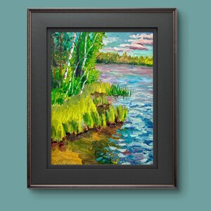 Birken und See Ölgemälde, Wolke und See Ölbild, Schilf und Rohrkolben Ölgemälde, plein-air, Freilicht Öl, Original Öl
